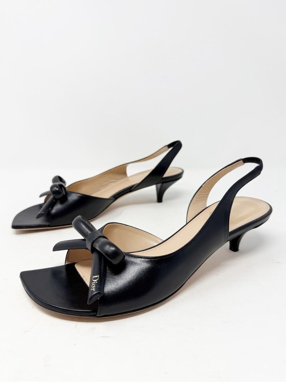 Dior Bow Slingback Kitten Heel Sandals Leather Womens Size EU 37